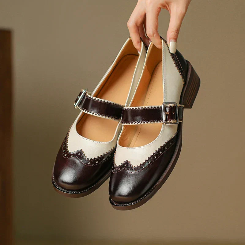 Lumerra Mary Janes in brown and cream, front view