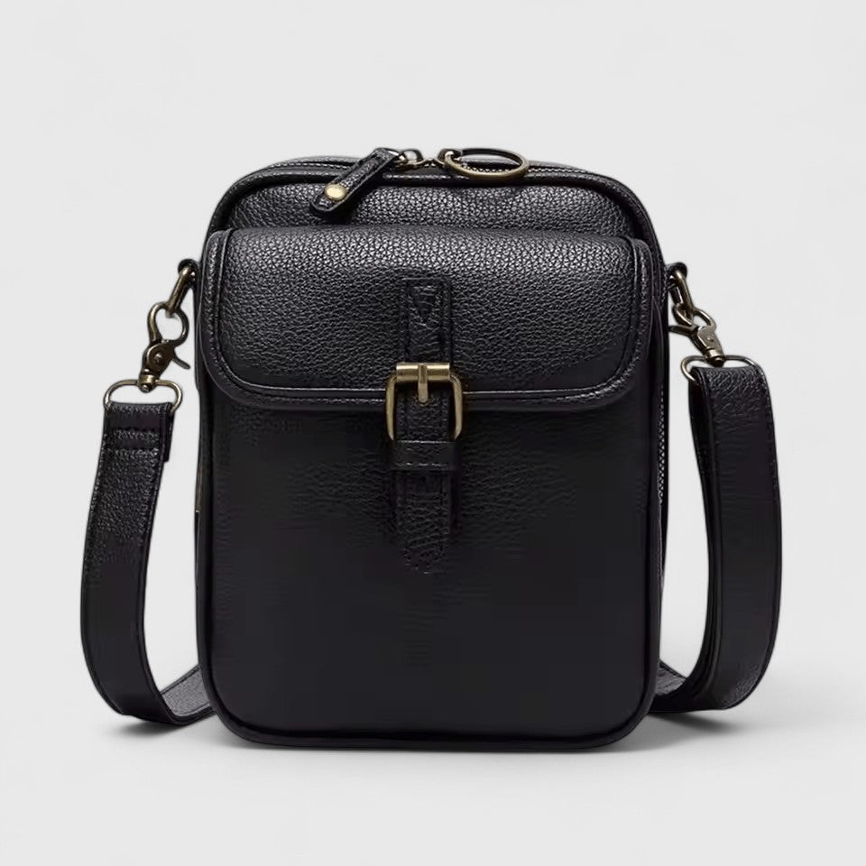 Seraphina crossbody bag in black, front view with antique buckle