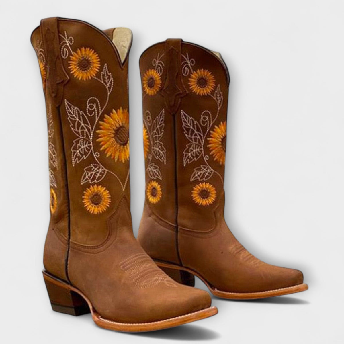 Zyrelle western cowboy boots in brown suede with sunflower detail, side view