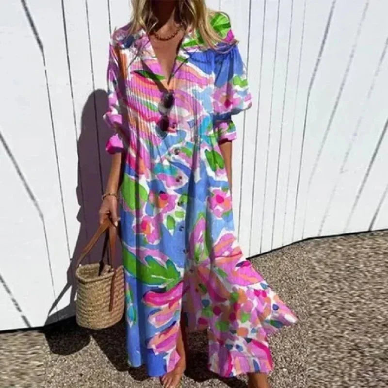 Rimmey boho dress in pink and blue print, full-length front view