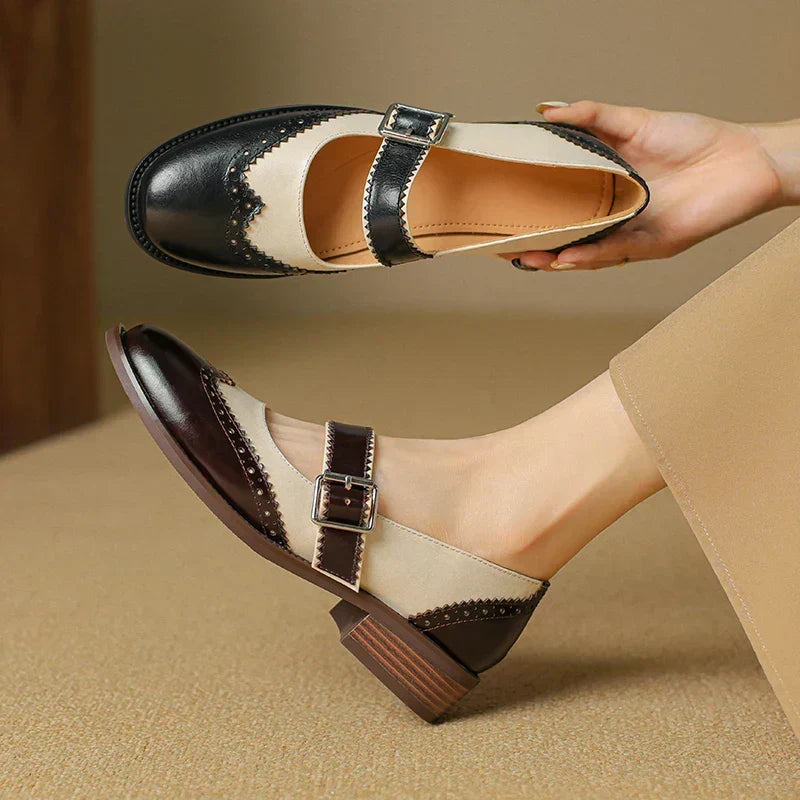 Lumerra Mary Janes in black and brown colourways side by side