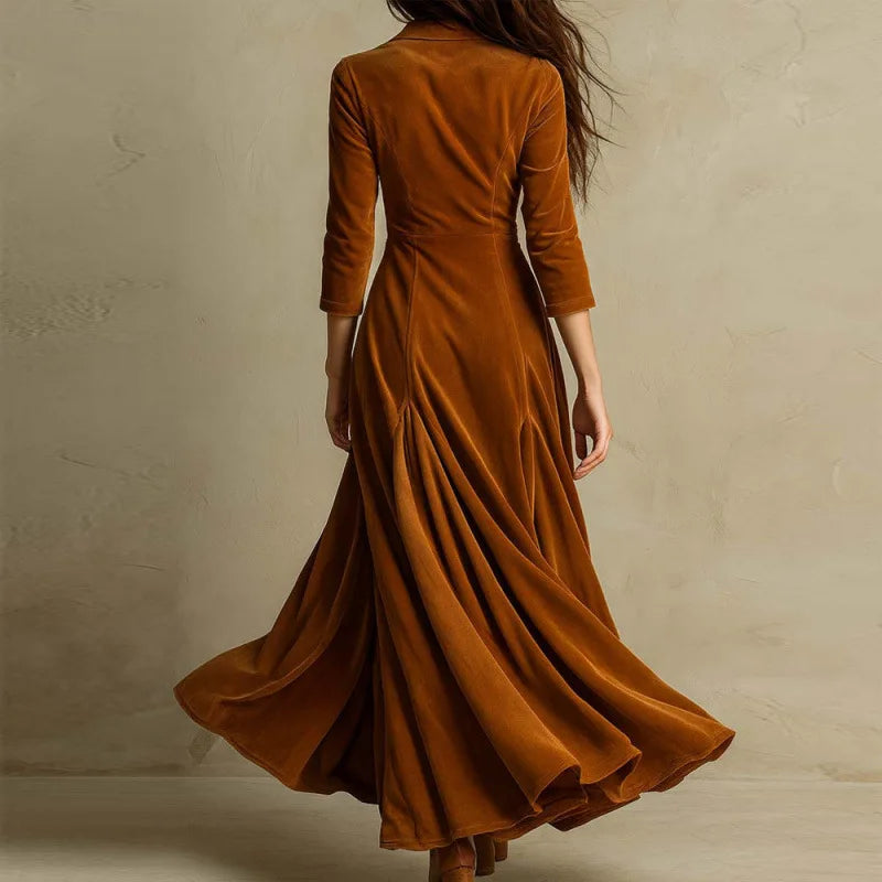 Marlow velvet maxi dress in caramel brown, back view with sweeping skirt