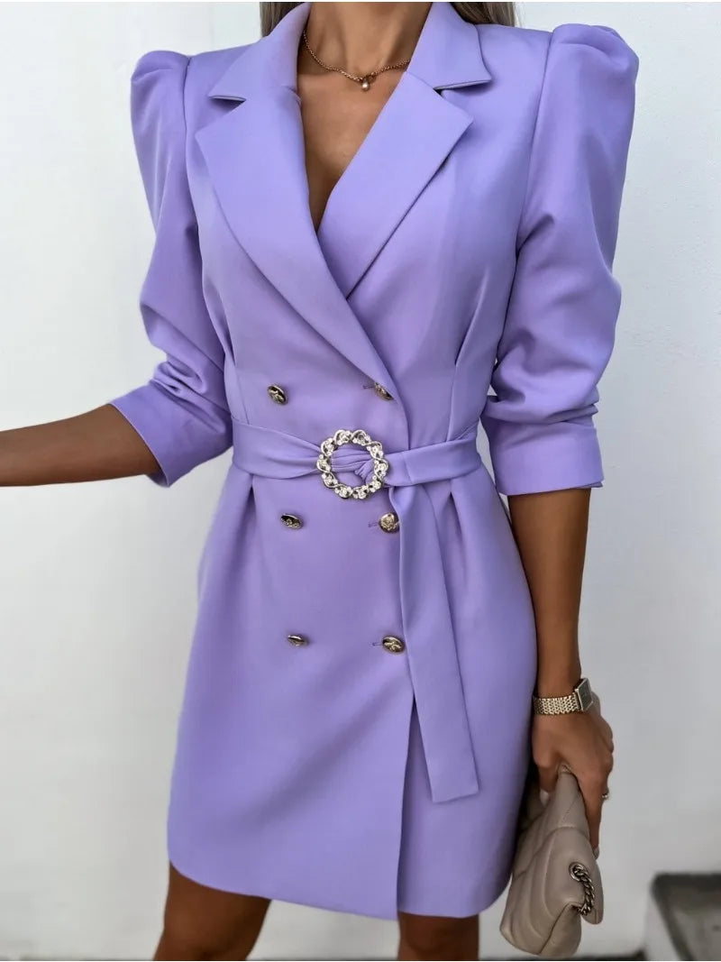 Marcelline blazer dress in purple, front view with belted waist