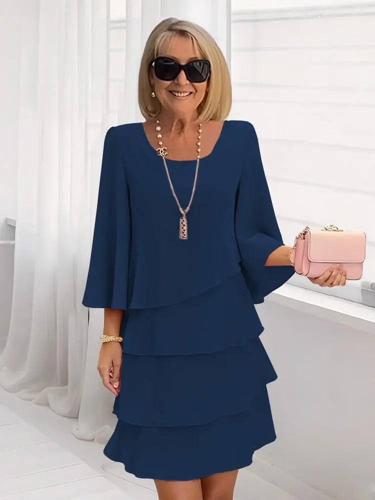 Catherine elegant comfort ruffle dress in navy blue, full-length front view