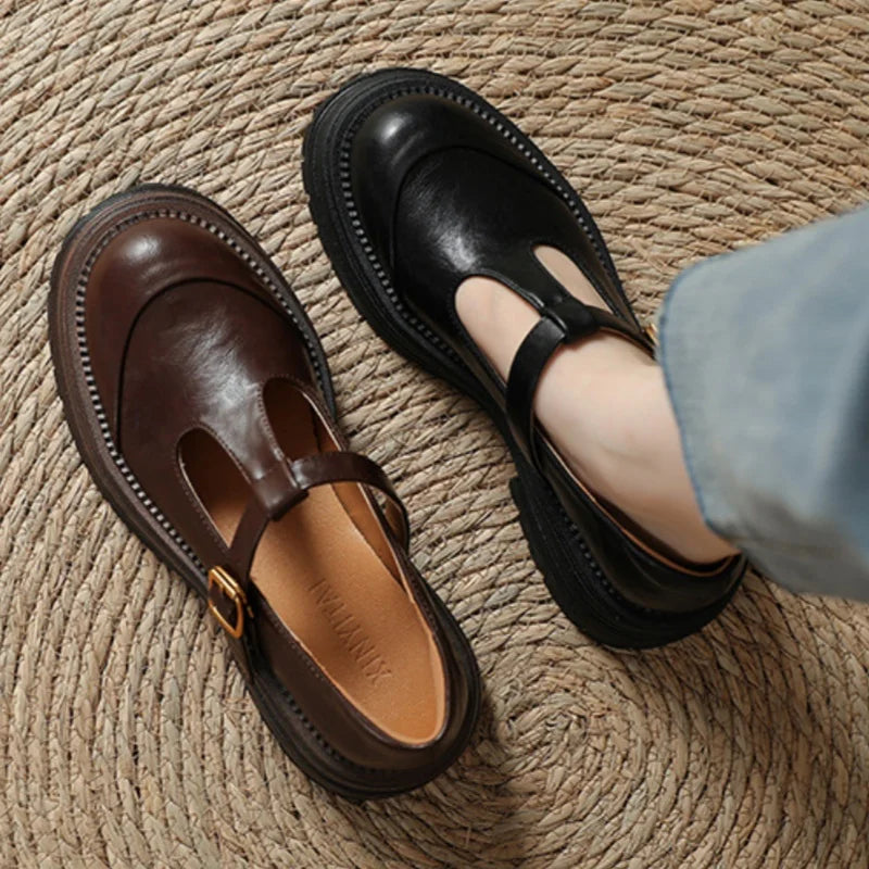 Luna T-bar shoes shown in brown and black side by side