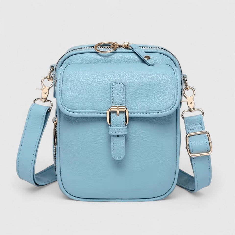 Seraphina crossbody bag in light blue, front view with adjustable strap