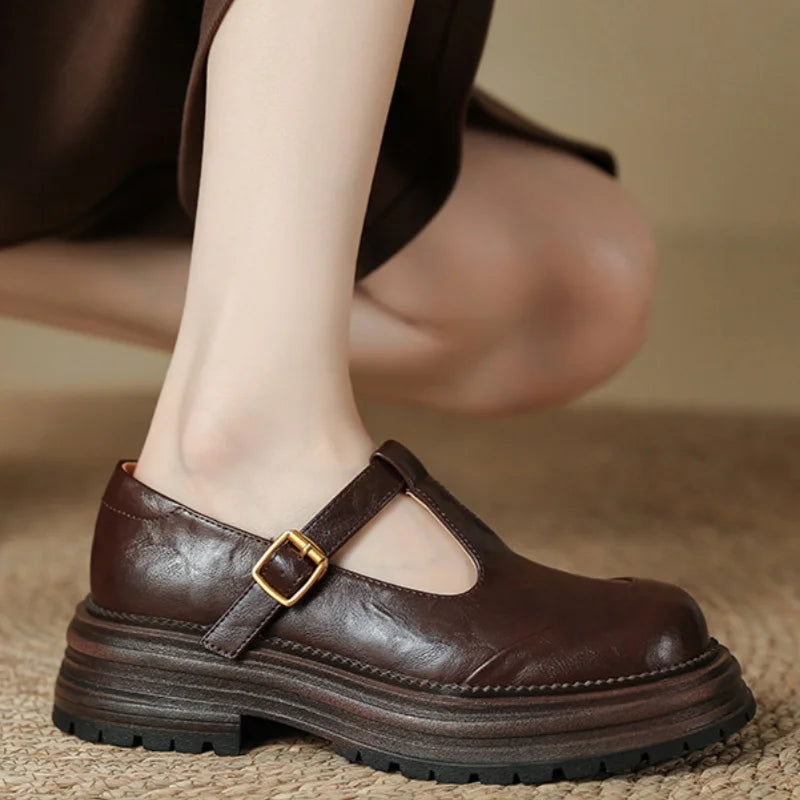 Luna T-bar shoes in brown, close-up of gold buckle strap