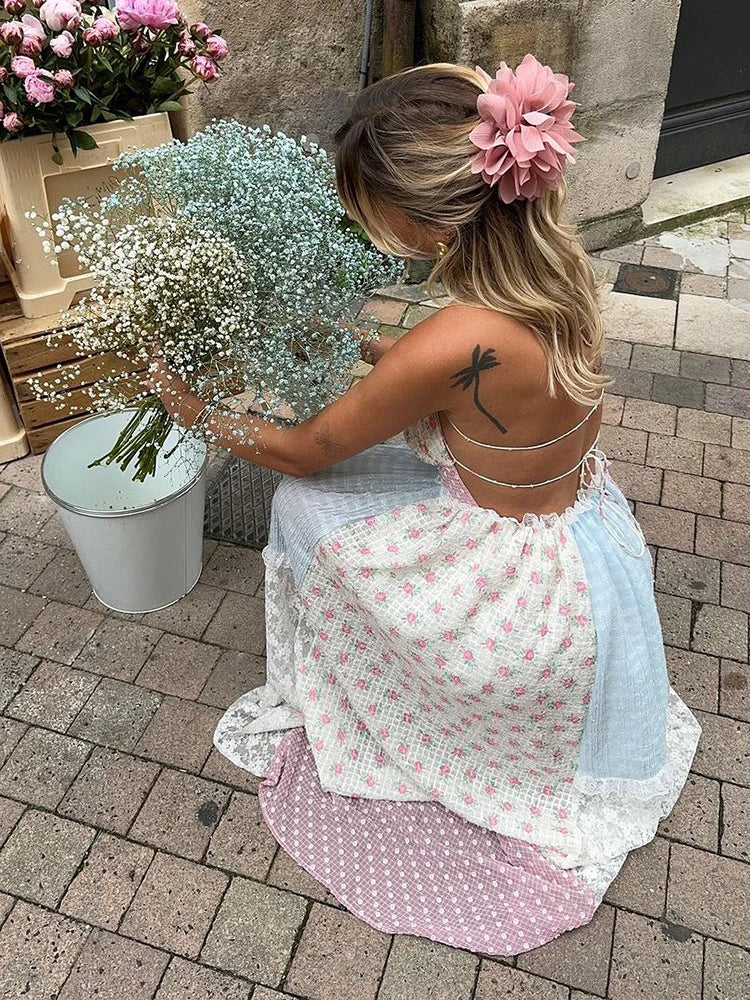 Isabella patchwork dress in cream pastels, close-up of tie back detail