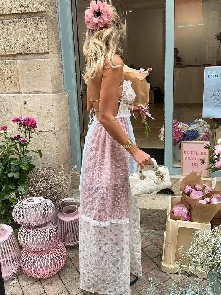 Isabella patchwork dress in cream pastels, side view
