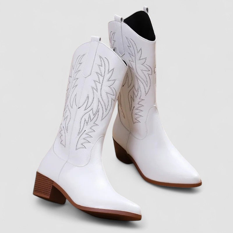 Sierra embroidered western boots in white, angled product view