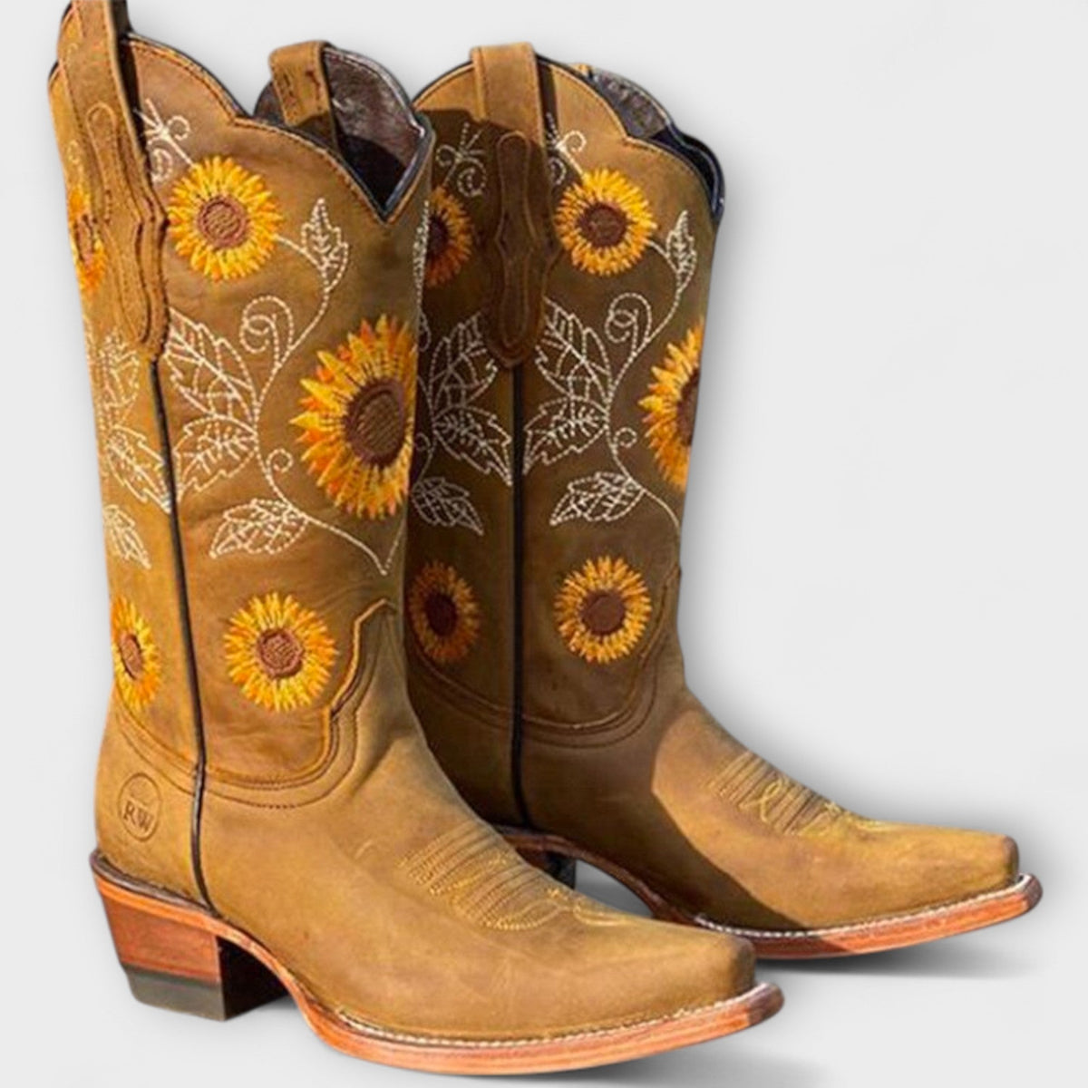 Zyrelle western cowboy boots in khaki with sunflower stitching, angled side view