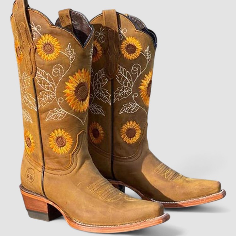 Savannah floral-embroidered Western boots in khaki tan, angled pair view