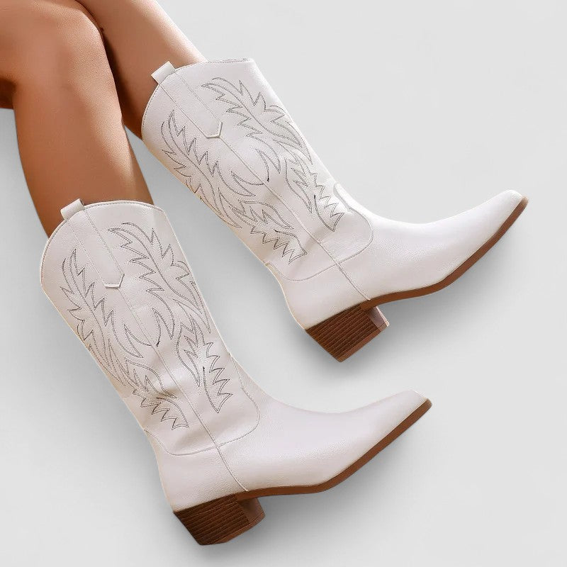 Sierra embroidered western boots in white, worn overhead view