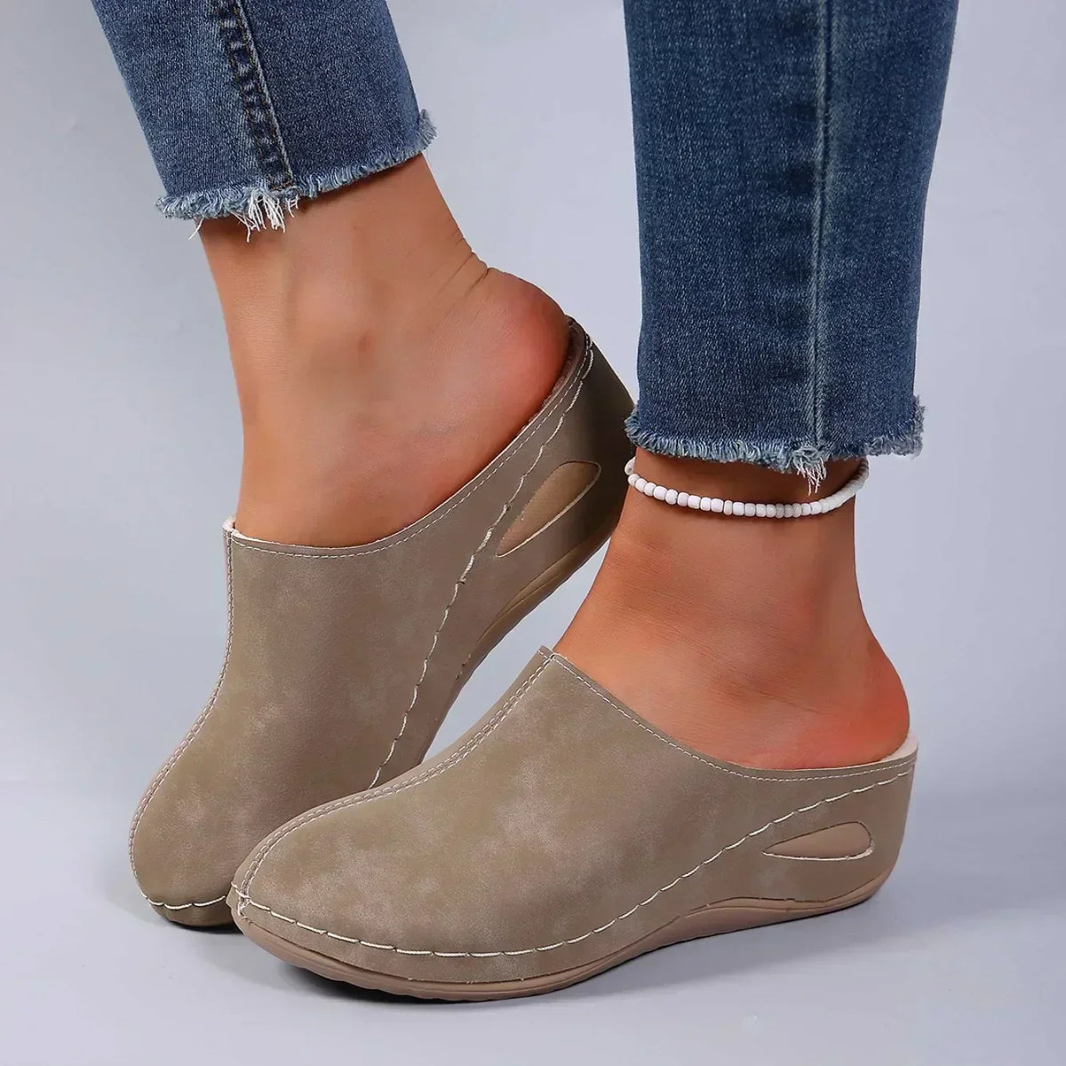 Sophie orthopaedic slippers in brown, worn close-up side view