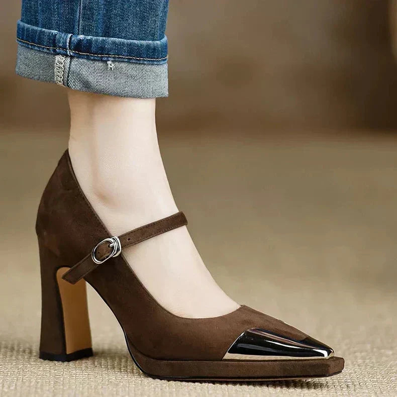 Orvanna Mary Jane heels in brown, side view with metallic toe cap