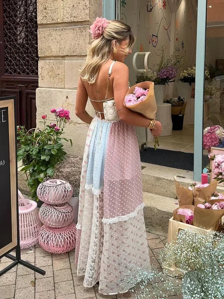 Isabella patchwork dress in cream pastels, open tie back view