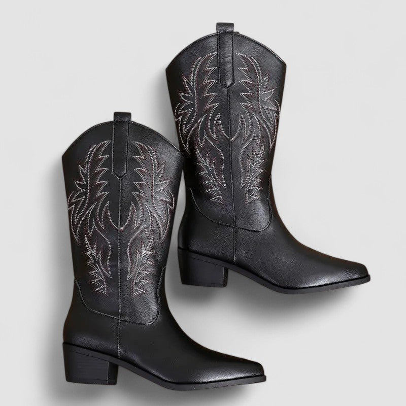 Sierra embroidered western boots in black, angled product view