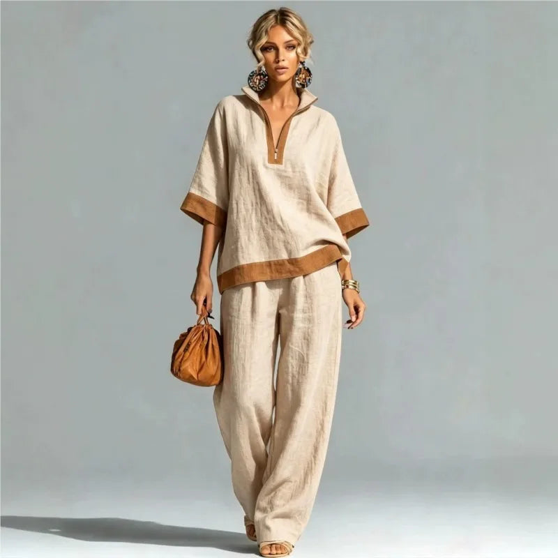 Vintage half-zip co-ord set in beige, full-length front view