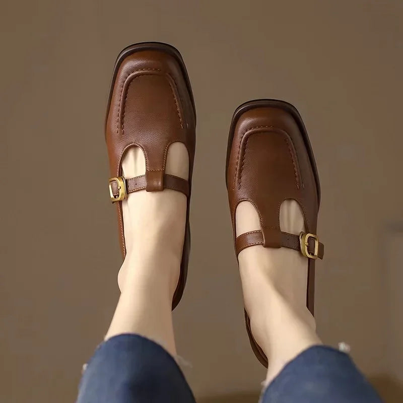 Selvana T-strap shoes in brown, top view of square toe and straps