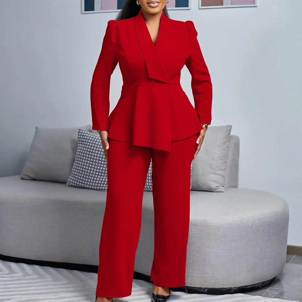 Maya tailored suit set in red, full-length front view