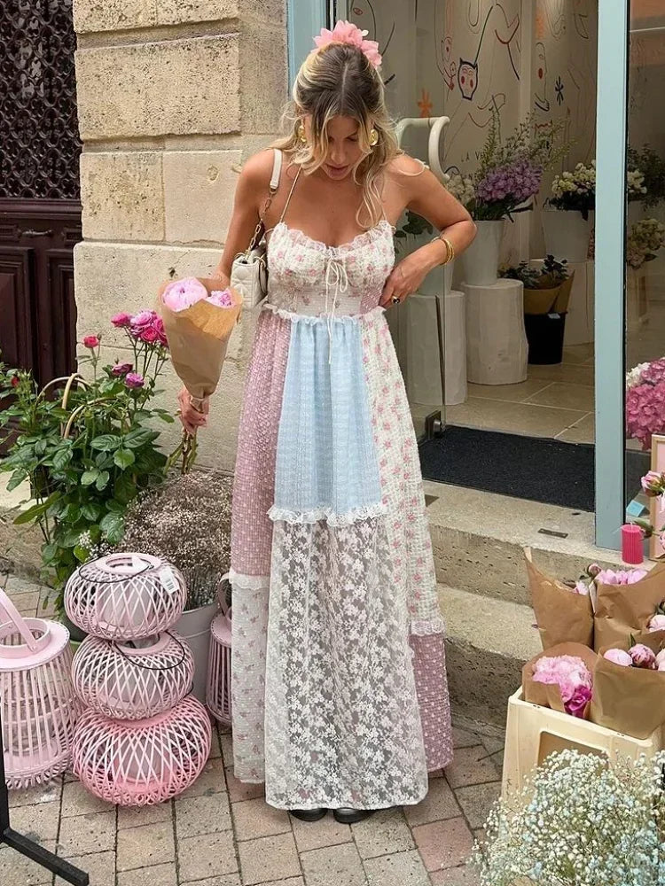 Isabella patchwork summer dress in cream pastels, full-length front view