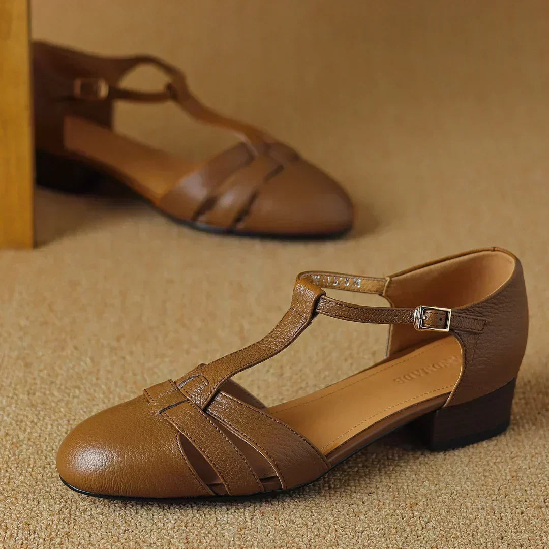 Joan T-bar flats in brown, angled side view