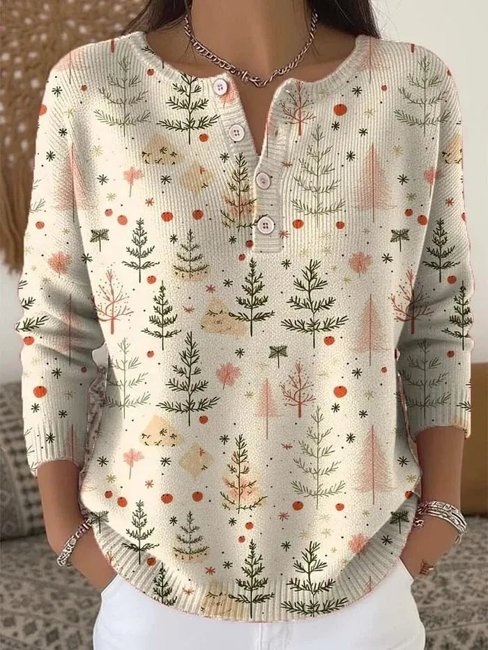 Anwen Christmas jumper in beige with delicate tree print, front view