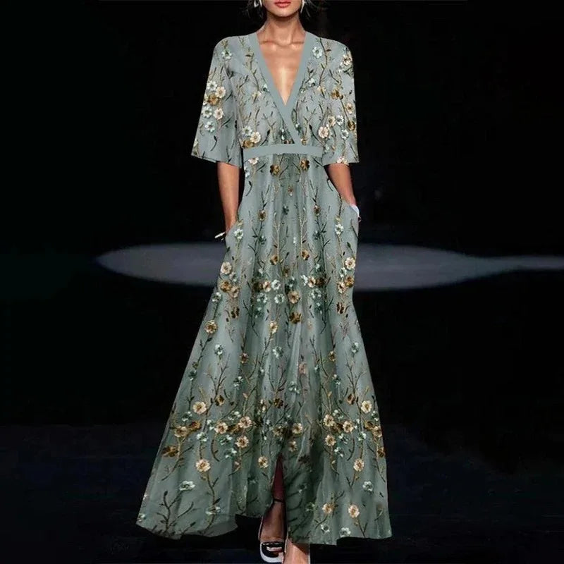 Sophia floral evening dress in green, full-length front view