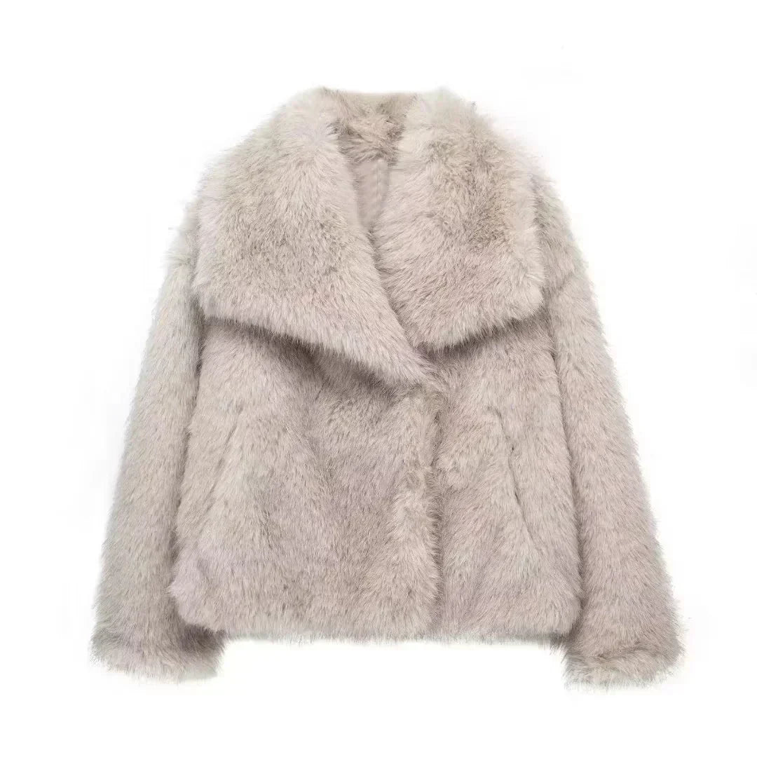 Fiorina faux fur jacket in light beige, front view with wide shawl collar