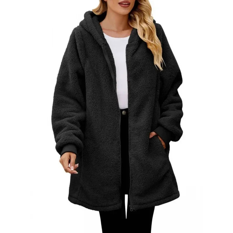 Lottie hooded fleece jacket in black, front view