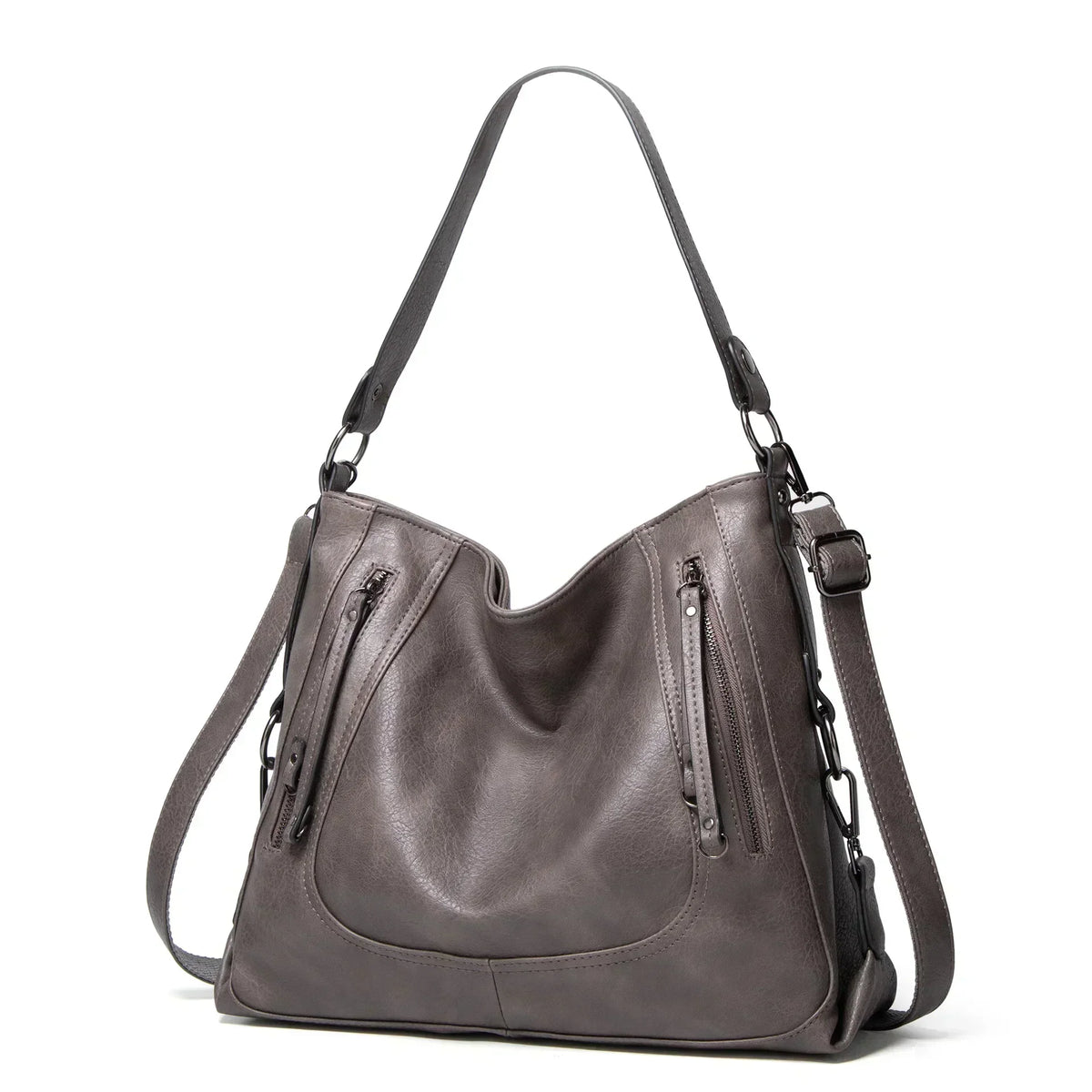 Junia everyday leather bag in grey, three-quarter view