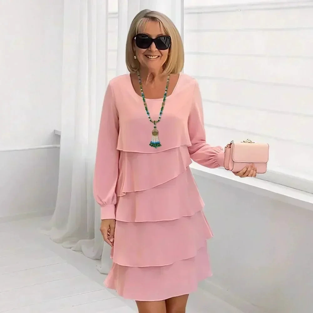 Margaret ruffle tiered dress in pink, full-length front view