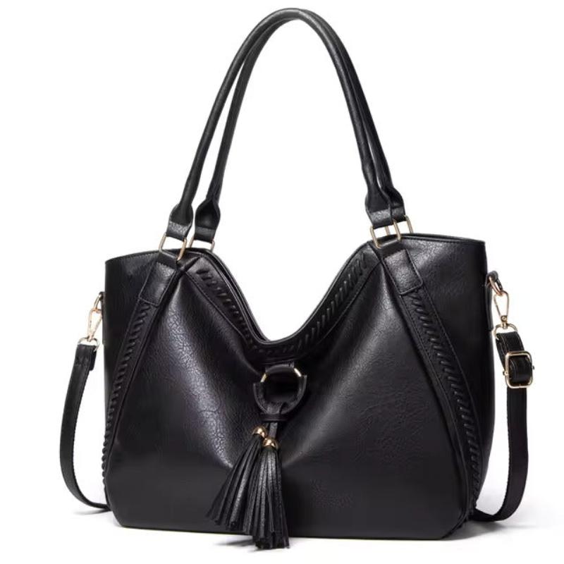 Elowen premium leather tote bag in black, angled front view