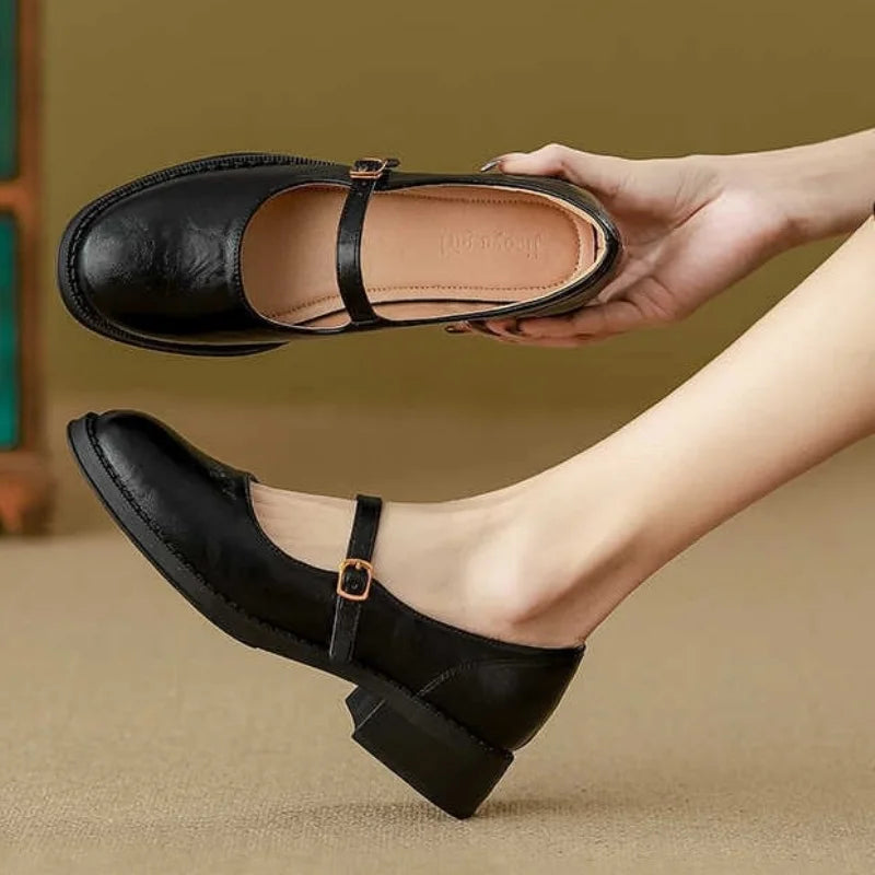 Dorvanna Mary Janes in black, side view showing low block heel