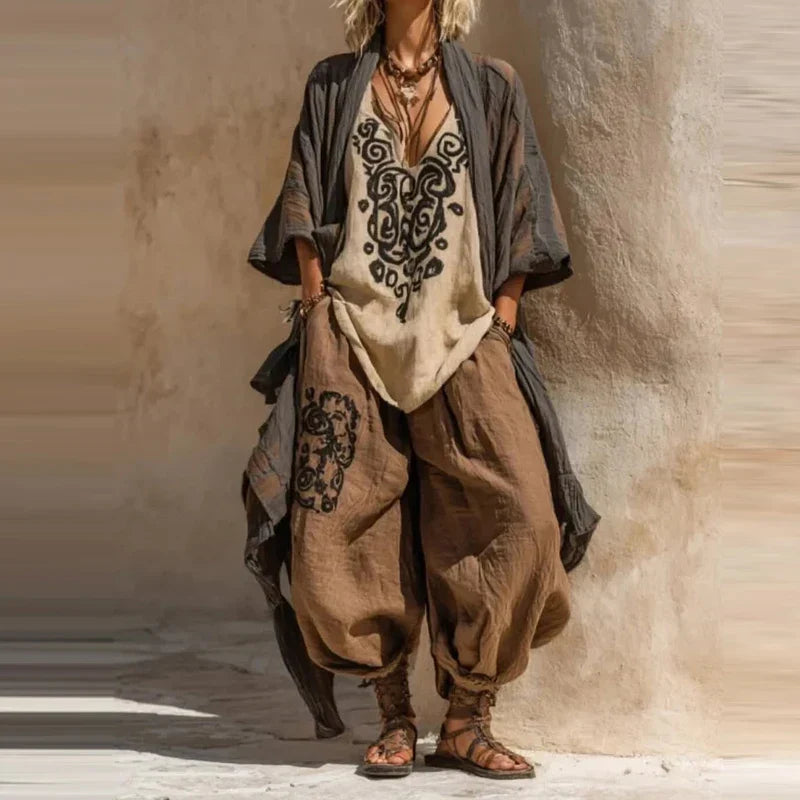 Florence three-piece linen set in camel, full-length front view