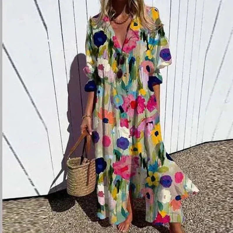 Rimmey boho dress in painted floral multi colour, full-length side view