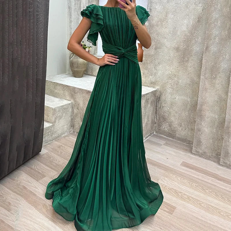 Selena evening gown in green, full-length front view