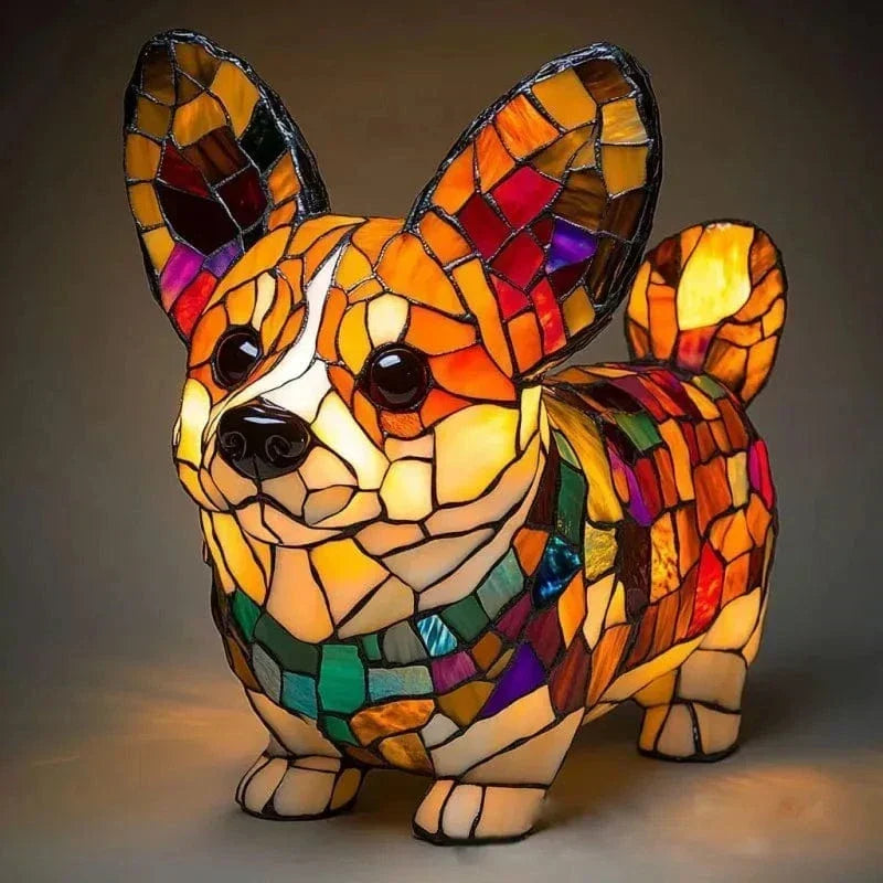 Regal corgi glow lamp in standing position, colourful mosaic panels glowing