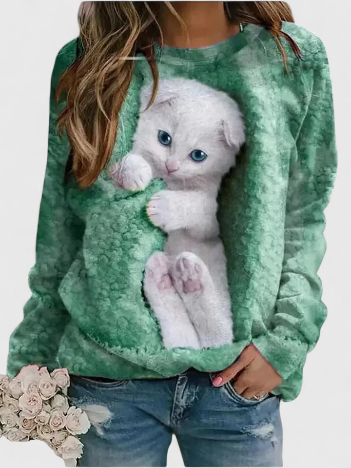 Kellie sweatshirt in green with white kitten print, front view