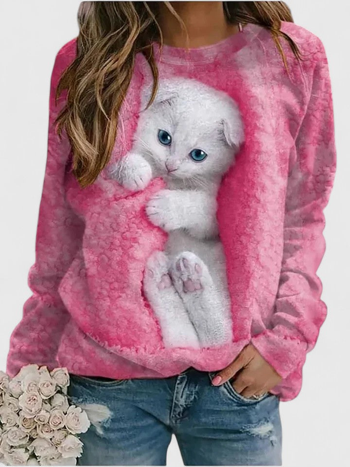 Kellie sweatshirt in pink with white kitten print, front view
