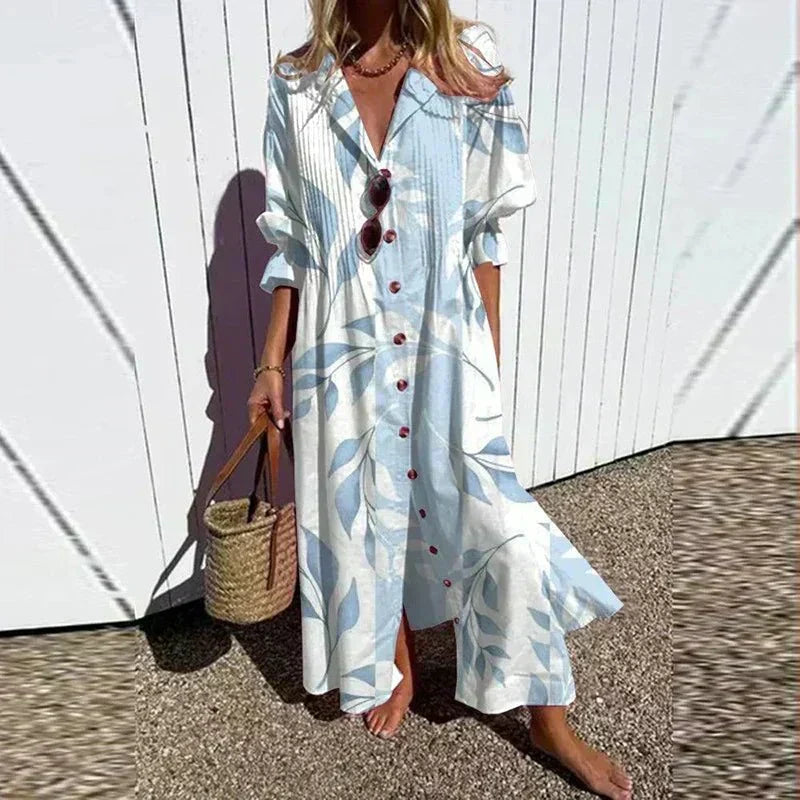Rimmey boho dress in light blue leaf print, full-length front view
