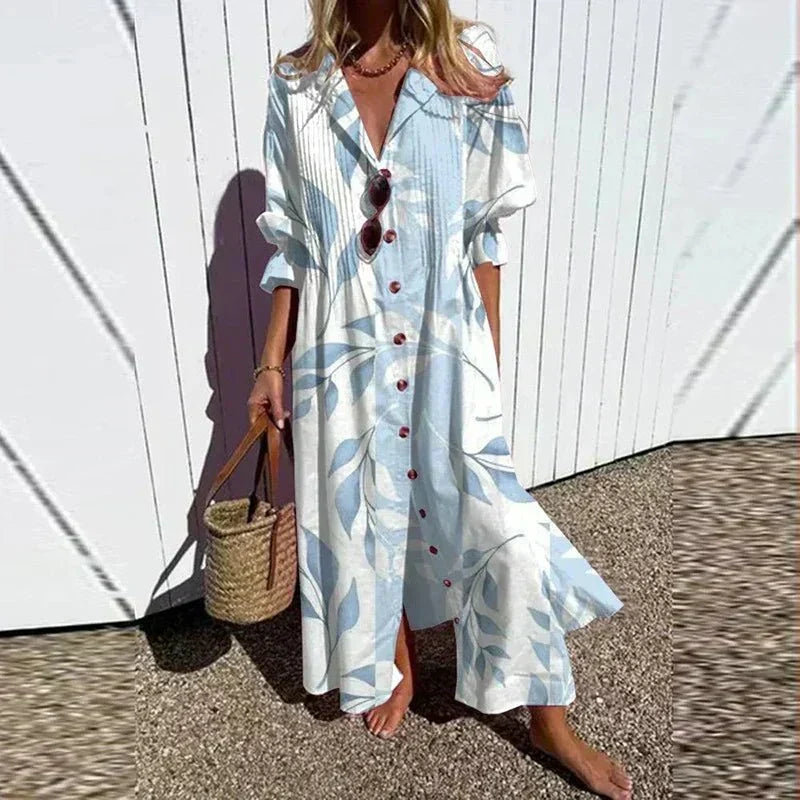 Rimmey boho shirt dress in white with light blue leaf print, front view
