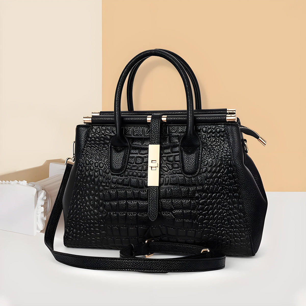 Aurelia croc handbag in black with detachable shoulder strap