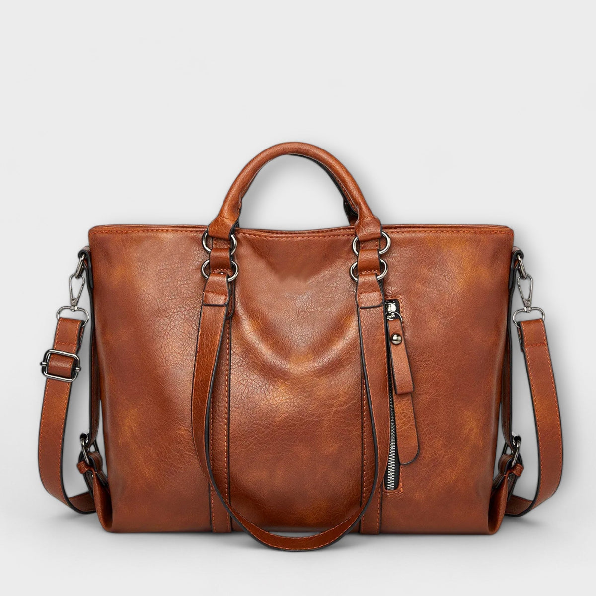 Olívia large tote bag in brown, front view with handles and shoulder strap