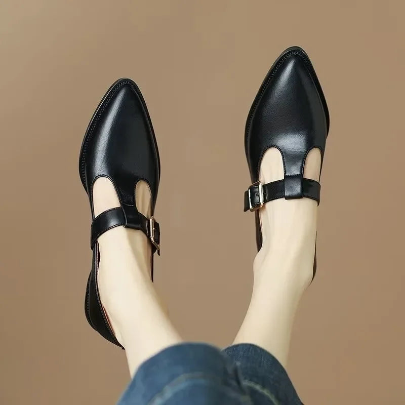 Leomara pointed T-strap heels in black, top view