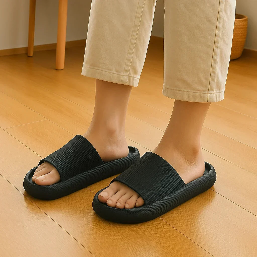 Platform slide slippers in black, worn indoors on wooden floor