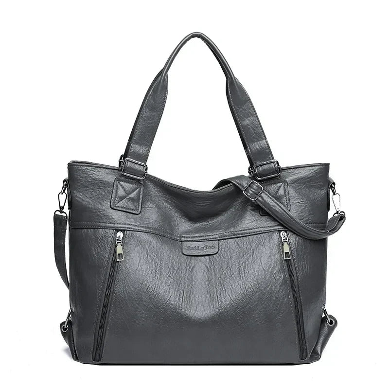 Retro shoulder tote bag in dark grey, front view with zip pockets