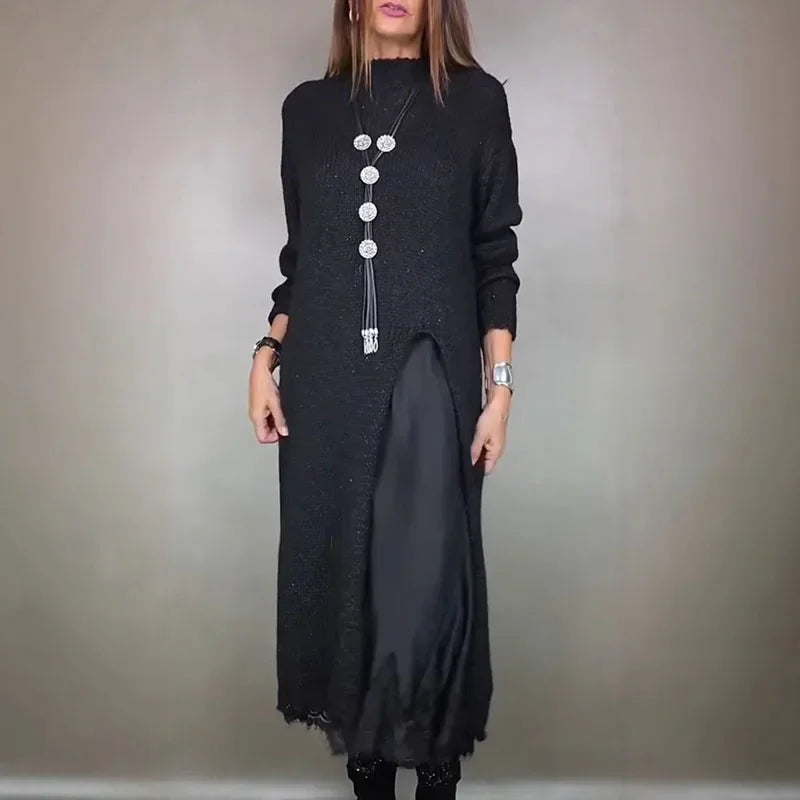 Evalina knit and lace two-piece set in black, full-length front view