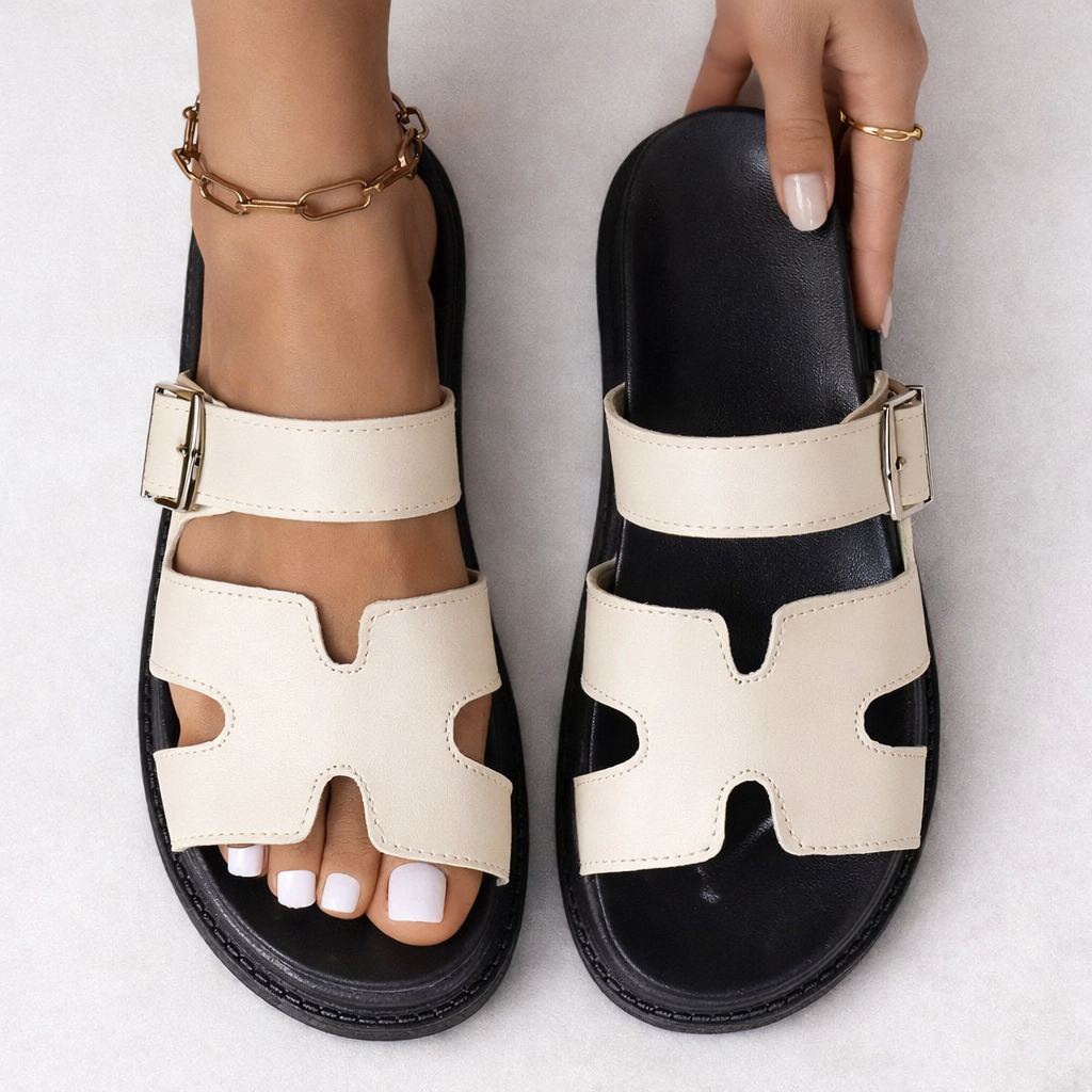 Olivia sandals in white, top view showing buckle strap and cushioned footbed
