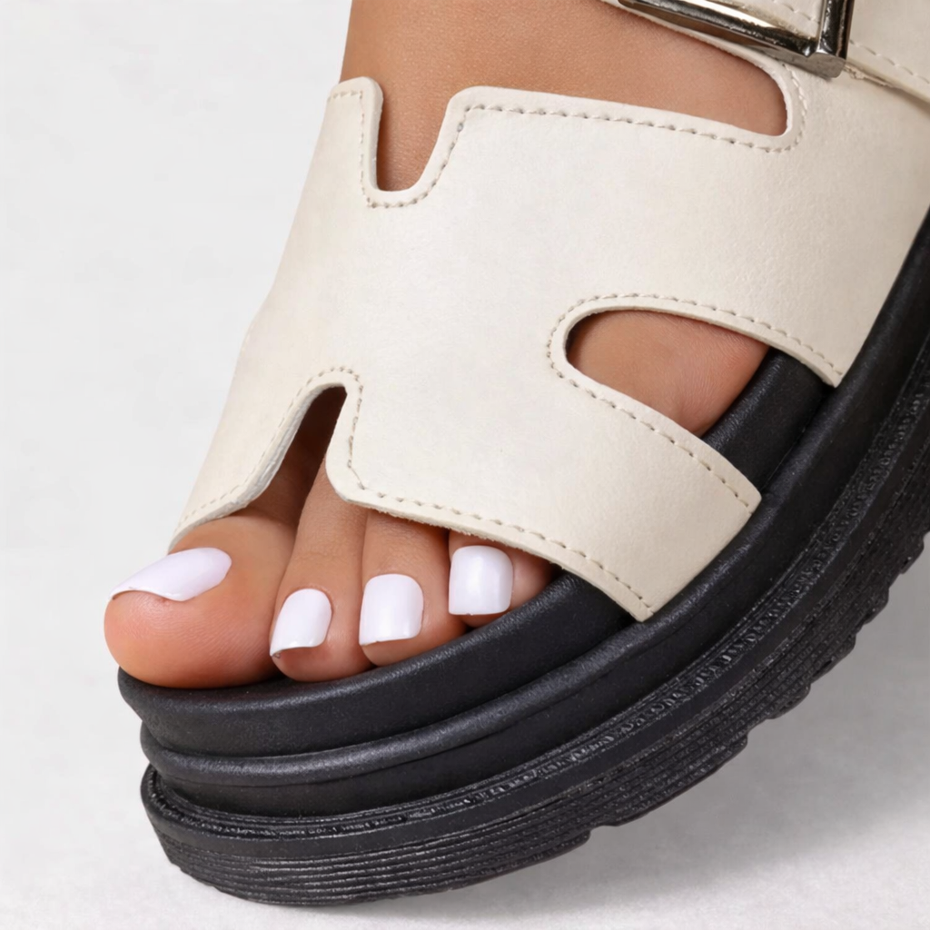 Olivia sandals in white, close-up of cutout strap and platform sole